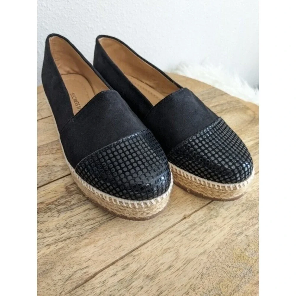 Womens Black Faux Suede Snake 8 Embossed‎ Cap Toe Espadrille Flats Shoes  NEW